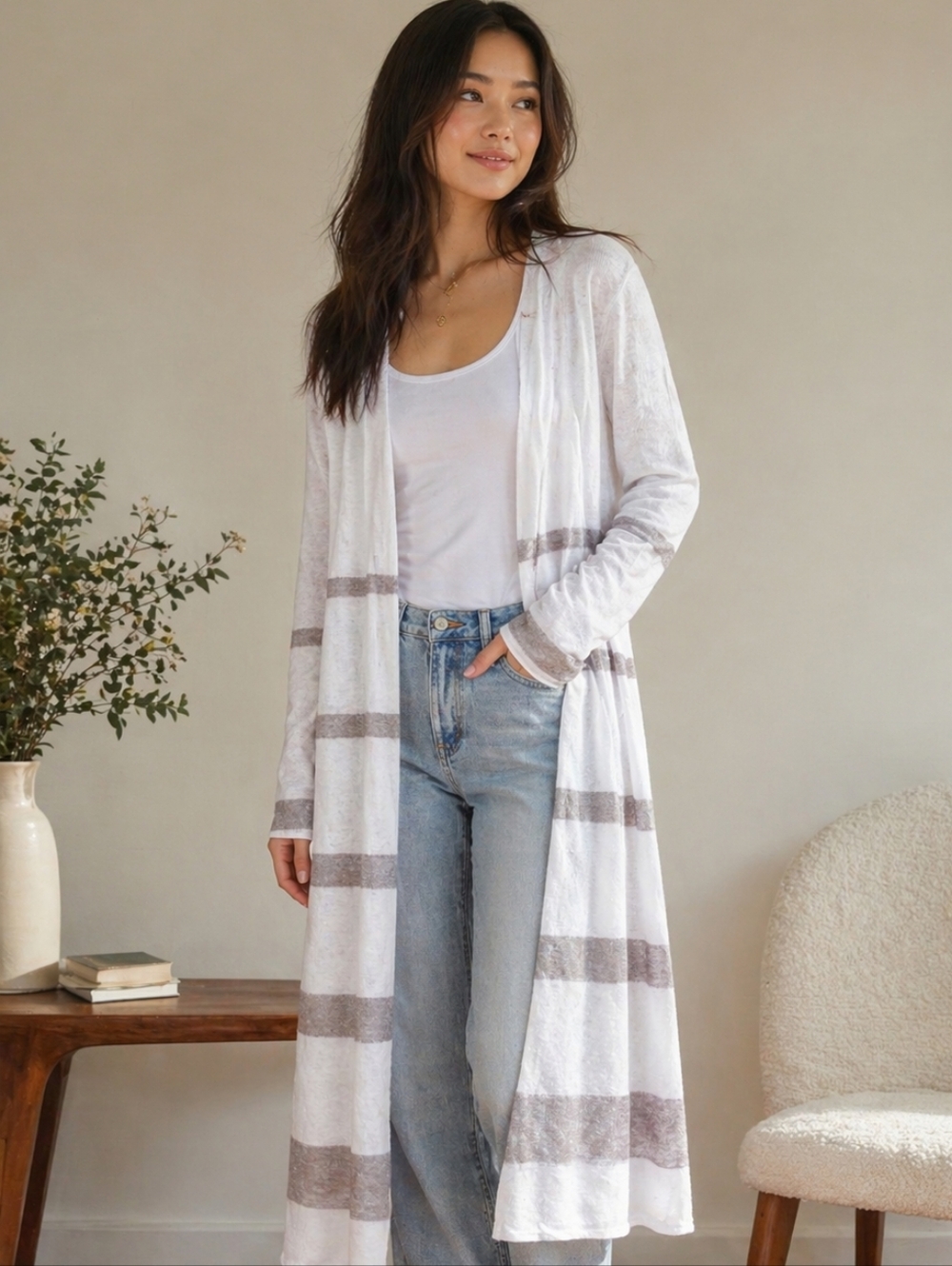 CAbi Womens Bon Voyage Riviera Duster Ivory Taupe Linen Blend Cardigan